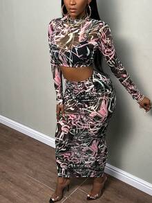 Slaydiva 滿版印花短款網紗上衣&褶邊鉛筆裙 - 彩色 - 查看 6