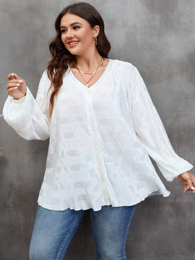 Plus Lantern Sleeve Button Front Blouse