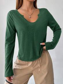 SHEIN EZwear 缺口領素色T恤 - 墨綠色 - 查看 7