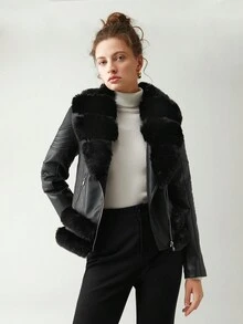 Anewsta 拉鏈開襟毛茸邊PU皮革夾克 - 黑色 - 查看 3