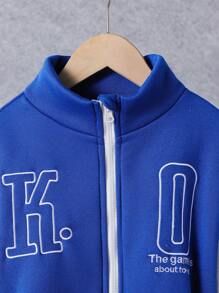 Tween Boy Two Tone Slogan Embroidery Striped Trim Varsity Jacket Without Hoodie