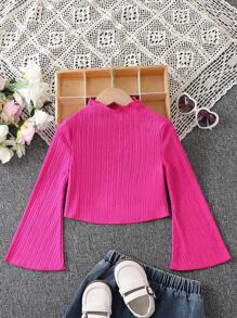 SHEIN Young Girl Mock Neck Trumpet Sleeve Tee - Hot Pink - View 1