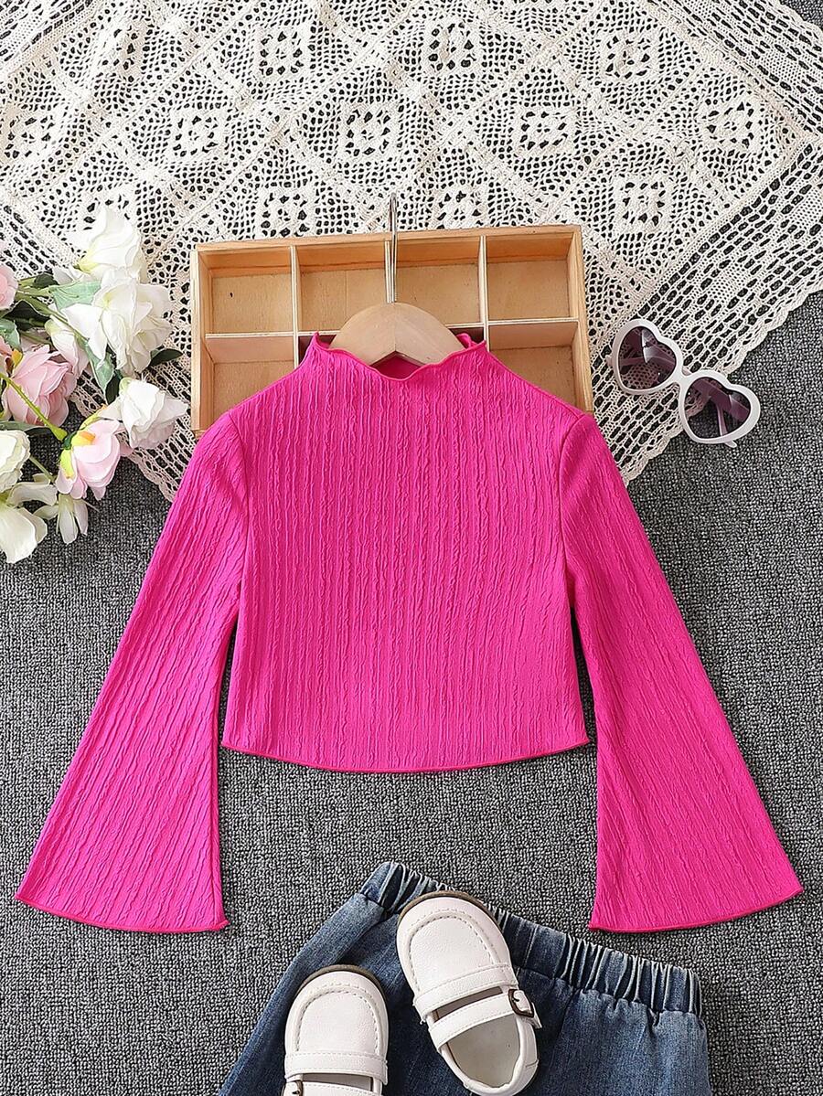 SHEIN Young Girl Mock Neck Trumpet Sleeve Tee - Hot Pink - View 1