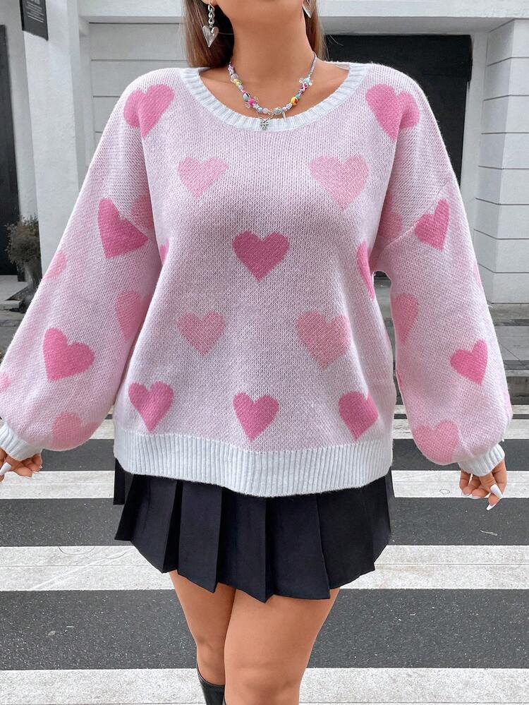 Plus Heart Pattern Drop Shoulder Sweater, For Winter Knit Pullover Fall Autumn