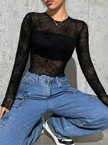SHEIN EZwear Spider Web Print Lettuce Trim Crop Mesh Top Without Cami Top