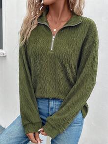 EMERY ROSE Half Zip Drop Shoulder Tee - Dark Green - View 3