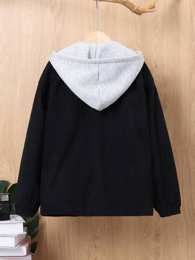 Tween Boy 1pc Colorblock Letter Patched Detail Hooded Coat