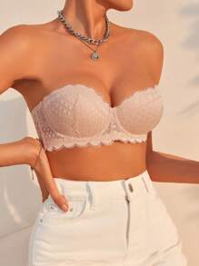 Scallop Trim Lace Underwire Bra With 1pair Shoulder Strap - Pink - View 5