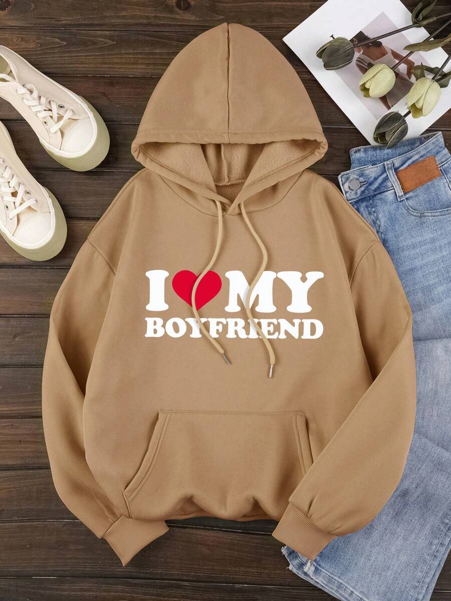 SHEIN EZwear Heart & Slogan Graphic Kangaroo Pocket Drawstring Thermal Hoodie - Khaki - View 1