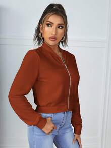 SHEIN Essnce Chất rắn Dây kéo Áo Jacket Crop - màu nâu - Xem 5