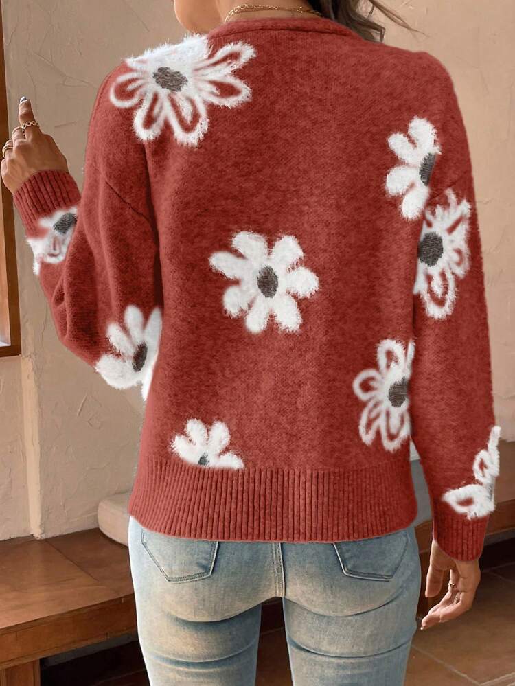 Floral Pattern Button Front Cardigan Fall Winter Cloth For Women, Christmas
