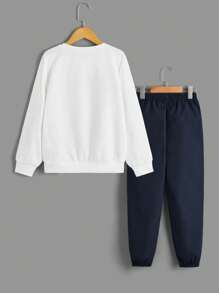 SHEIN Cậu bé Tween Đồ họa Chữ cái Áo chui đầu & Quần - Màu xanh hải quân - Xem 2