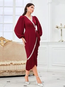 Modelyn 勃艮第红灯笼袖荷叶边裹身下摆连衣裙 - 酒紅色 - 查看 3