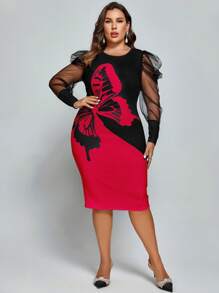 SHEIN Clasi Plus Butterfly Print Contrast Mesh Gigot Sleeve Bodycon Dress - Red - View 1