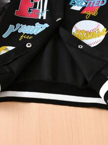SHEIN 女小童字母圖案條紋飾邊學院風夾克 - 黑色 - 查看 4
