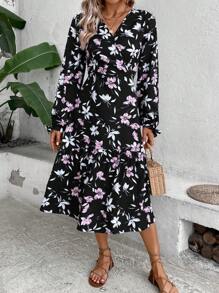 SHEIN VCAY 印花荷葉邊洋裝 - 彩色 - 查看 1