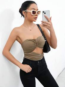 GENKIRA Top bandeau con abertura fruncido - Caqui - Ver 4