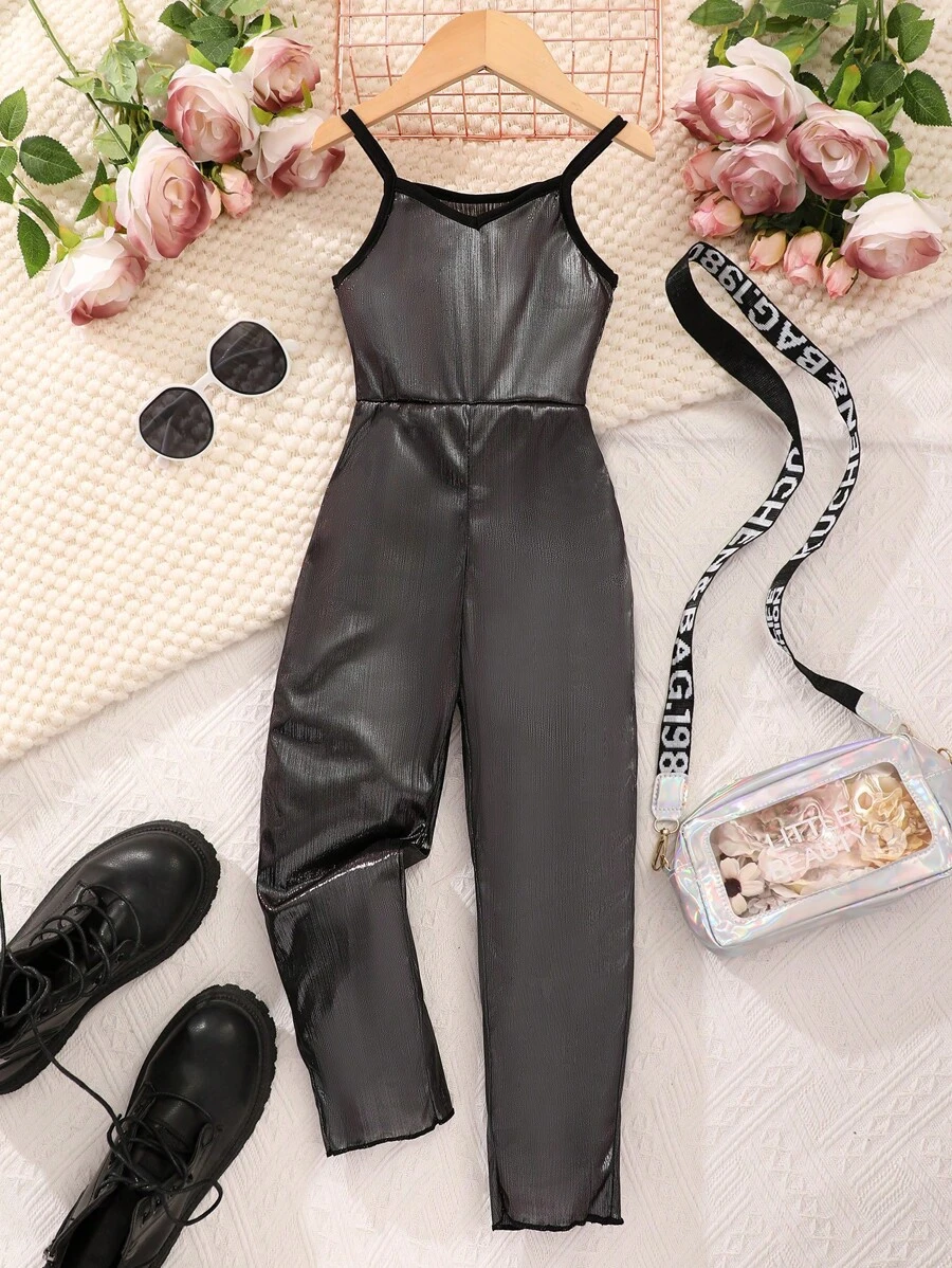 SHEIN Young Girl Contrast Binding Metallic Cami Jumpsuit - Black - View 1