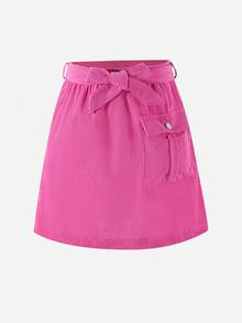 SHEIN Cô gái Tween Túi có nắp Thắt lưng Vải to sợi Váy - Màu Hồng Tươi - Xem 3