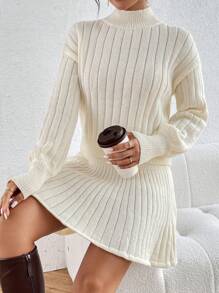 Chiquease Mock Neck Drop Shoulder Sweater & Knit Skirt - Beige - View 5