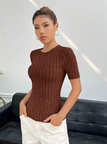 SHEIN EZwear 素色條紋針織T恤 - 巧克力棕 - 查看 3