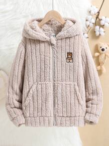 SHEIN Tween Girl Bear Embroidery Zip Up Hooded Teddy Jacket - Apricot - View 1