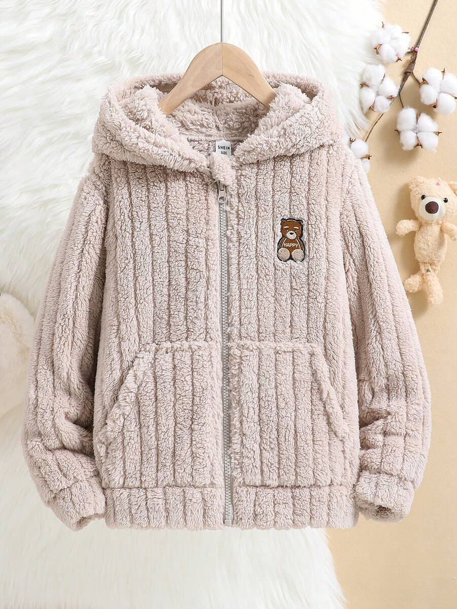 SHEIN Tween Girl Bear Embroidery Zip Up Hooded Teddy Jacket - Apricot - View 1