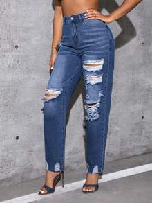 High Waist Ripped Mom Fit Jeans - Blue - View 3