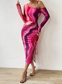 SHEIN Privé Marble Print Asymmetrical Neck Drawstring Split Thigh Dress - Multicolor - View 3