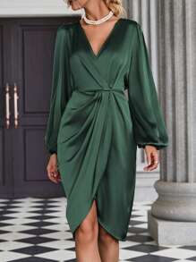 SHEIN Clasi Lantern Sleeve Wrap Hem Satin Dress Maxi Women Outfit Fall Cloth For Women - Dark Green - View 3