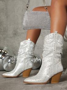 亮片尖頭粗跟靴 - 銀色 - 查看 1