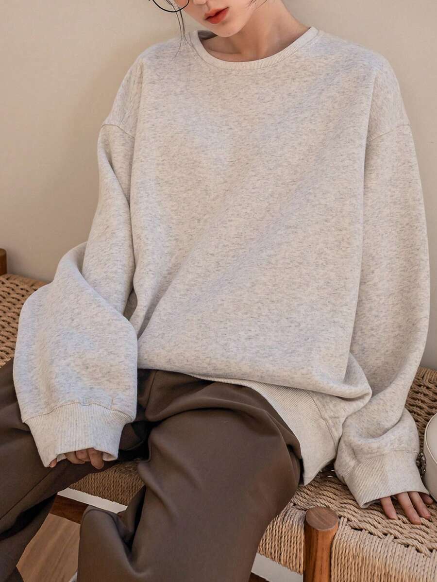 Dazy-Less 落肩保暖衬里运动衫,长袖上衣,复古风格,秋季服装 - 淺灰色 - 查看 1