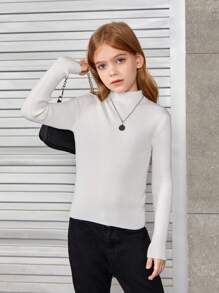 SHEIN Tween Girl Mock Neck Ribbed Knit Jumper - White - View 4