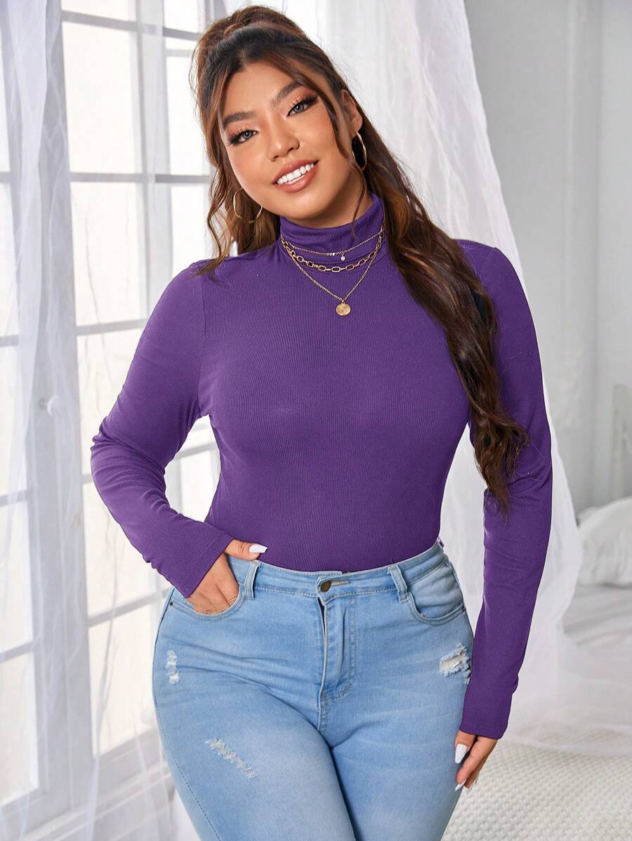 SHEIN Essnce Hơn Chất rắn Cổ cao Áo thun - Màu tím  Violet - Xem 1