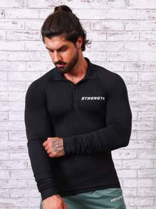 Manfinity Sport Corelite Men Letter Graphic Raglan Sleeve Polo Shirt Workout Tops Golf Shirt - Black - View 3