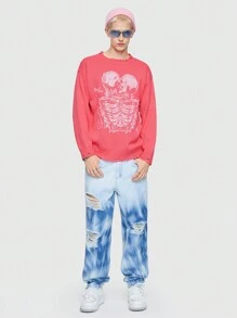 ROMWE MEN Street Life Hombres Jersey con patrón de cráneo de hombros caídos - Rosa - Ver 2