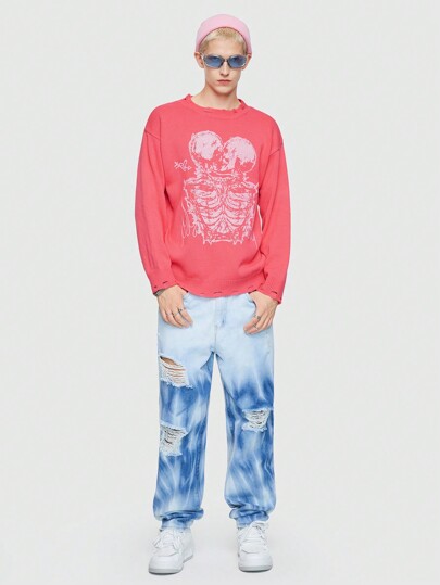 Street Life Homme Pull Motif Squelette Épaule Tombante