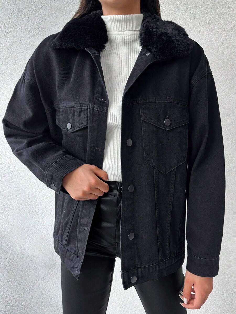 EURMUSE Borg Collar Drop Shoulder Denim Jacket - Navy Blue - View 1