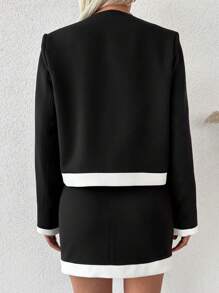 拼接邊開門襟夾克&半身裙 - 黑色 - 查看 2