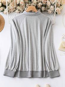 SHEIN LUNE Hơn Túi kangaroo Nút Nửa Áo nỉ - Xám - Xem 2