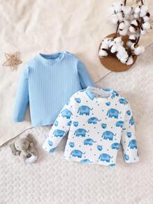 男嬰2入組卡通圖案條紋針織T恤 - 彩色 - 查看 1