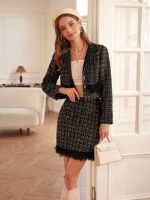 GENKIRA Plaid Pattern Fuzzy Trim Tweed Jacket & Skirt - Black - View 3