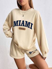 INAWLY Letter Graphic Drop Shoulder Hoodie & Drawstring Waist Shorts