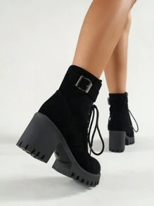 Bốt cổ ngắn buộc dây gót dày thời trang thu/đông cho nữ, bốt có khóa kéo bên hông, bốt đi xe máy đa năng - màu đen - Xem 6