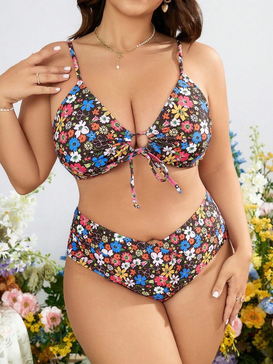 SHEIN Swim Curve Plus Bộ bikini dây rút in hoa - Nhiều màu - Xem 1
