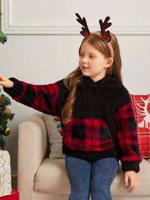 SHEIN 圣诞节女童水牛格纹袋鼠口袋落肩泰迪熊卫衣 - 黑色 - 查看 1