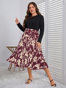 SHEIN Clasi 大碼印花百褶下擺洋裝 - 紅白色 - 查看 3