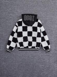 Tween Flicka Schackmönster Randig Kant Huva Fleece Jackor - Svart och Vitt - Visa 2