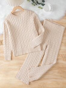 SHEIN Tween Girl Solid Sweater & Cable Knit Pants - Apricot - View 1
