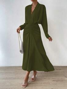 Chiquease 纯色褶皱前 A 字形长款女装 - 軍綠色 - 查看 6